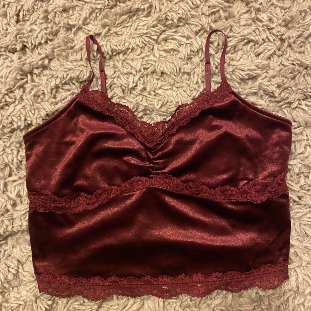 Red Satin Garage Going Out Crop Top w/ Lace Detail